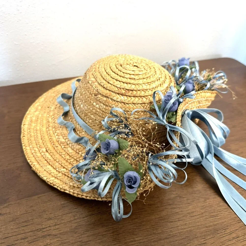 Straw Hat with Blue Flowers, Ribbons Grannycore Cottagecore Wall Decor Blue